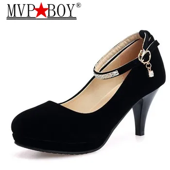 

MVP BOY women bride Red Black Suede medium heel female wedding shoes with famous pumps brand middle low heel shoes Ladies Diamon