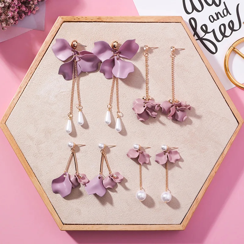 

fashion resin Flower long earrings plant pink and purple petals Colorful Earrings for woman Pearl pendant Earings free shipping