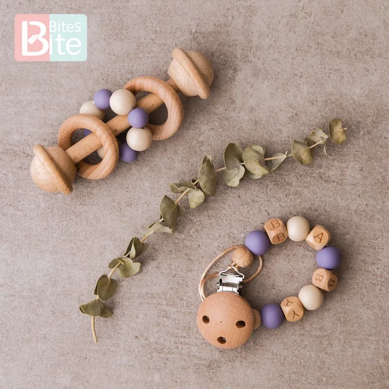 

Bite Bites 2pc Baby Pacifier Clip Chain Rattle Wooden Teether Food Grade Perle Silicone Beads Teething Rodent Personalized Name