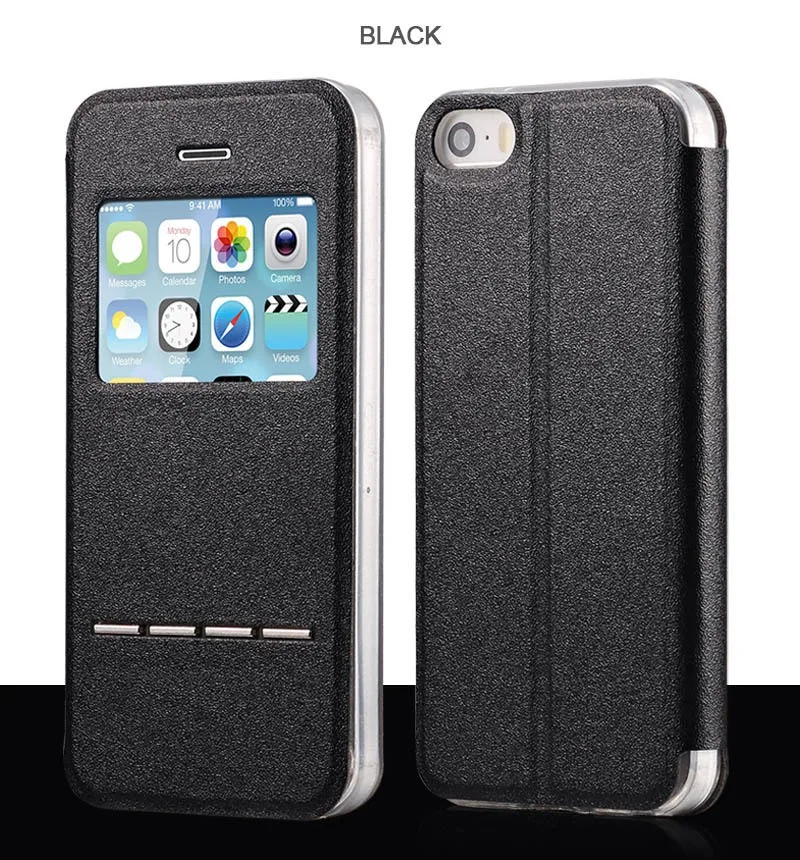 Black-4S-Smart-Answer-Calls-Window-Leather-Case-For-Apple-iPhone-4-4S-4G-Auto-Unlock-Matte