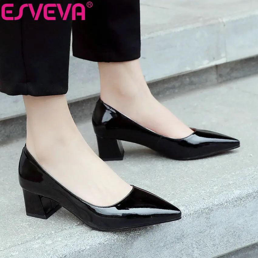 

ESVEVA 2019 Women Pumps Slip on Cow Patent Leather Shoes Square High Heels Sandals Spring Autumn Pointed Toe Women Shoes 34-39