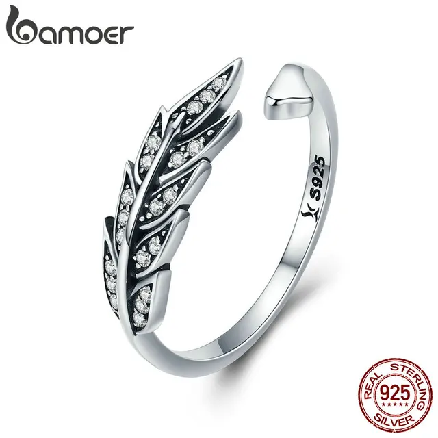 BAMOER Vendita Calda Authentic 925 Sterling Silver Piuma Ali Anello di Barretta BAMOER Vendita Calda Authentic 925 Sterling Silver Piuma Ali Anello di Barretta