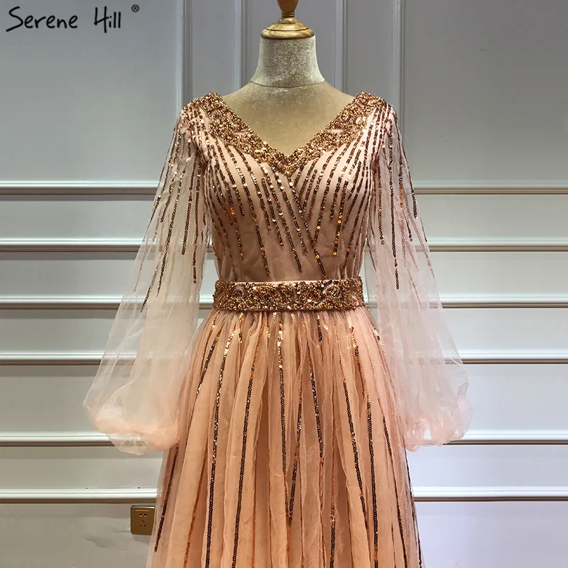 Дубай дизайн розовый v-образным вырезом Платья вечерние расшитый блестками с длинными рукавом Роскошные вечерние платья Serene Hill LA60948