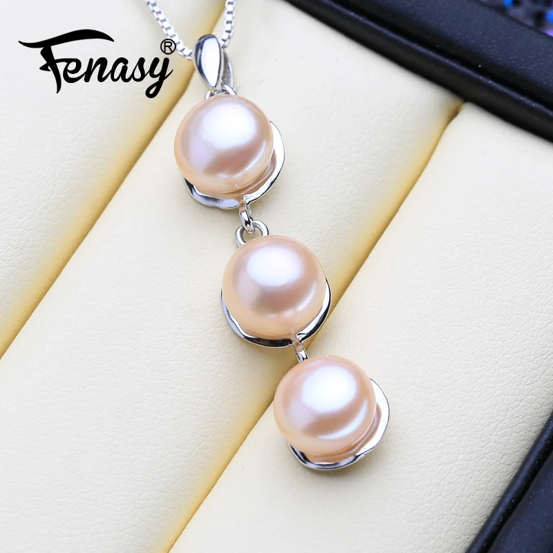 

FENASY Pearl Jewelry New 925 Sterling Silver Bohemian Flower Leaf Pendant Three Beads Genuine natural Pearl Necklace For Women