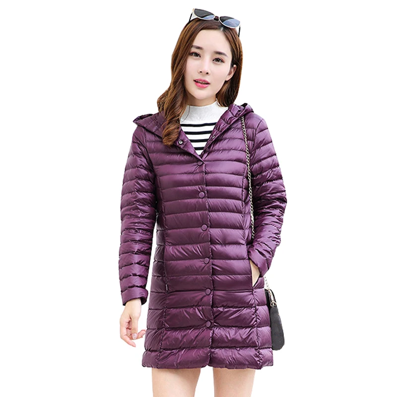 

2019 New Women Down Coat Winter Ultra Light Portable Hooded Down Jackets Single Breasted Slim Womens Long Jacket Chaqueta Mujer
