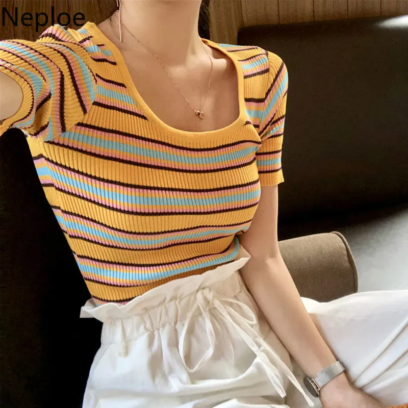 

Neploe Knitted Striped Women T Shirts Summer 2019 Chic O-Neck Short Sleeve Tees Fashion Korean Ladies Tops 44218