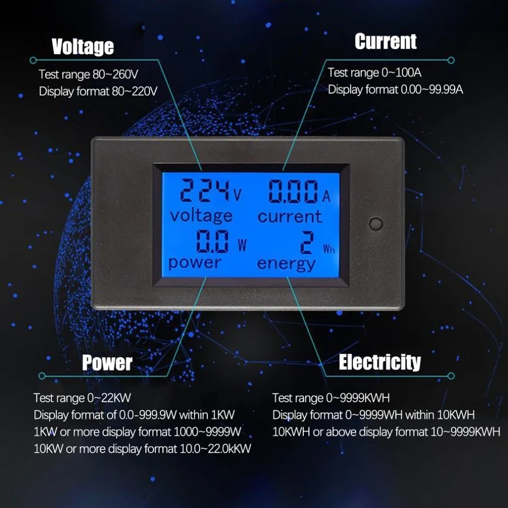 Однофазный цифровой ЖК-Амперметр Вольтметр 80-260 в 20A 4в1 Электрический Вольт Ампер Megter мощность кВтч для домашнего комплекта PZEM-021