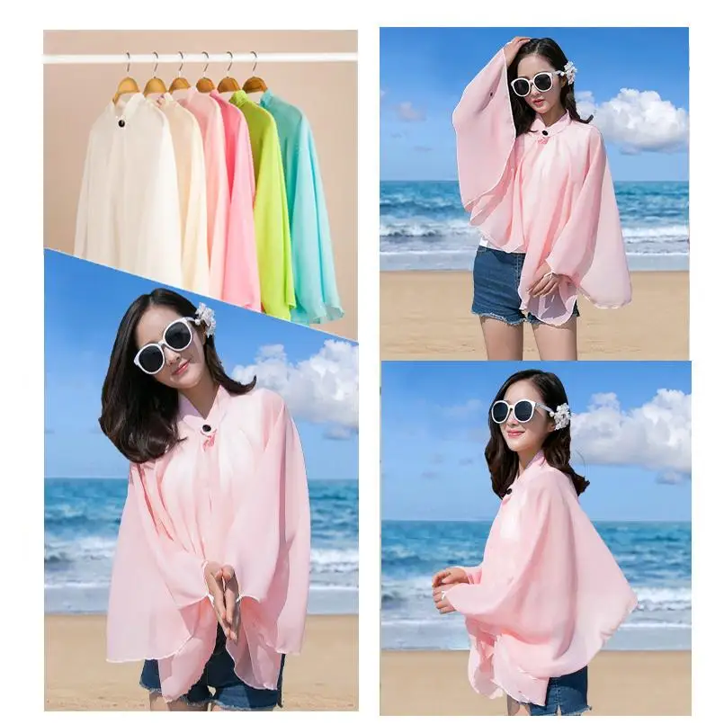 

Women Summer Beach Cover Up Sun Protection Clothing Korean Style Thin Chiffon Bike Driving Sleeves Sunscreen Shawl