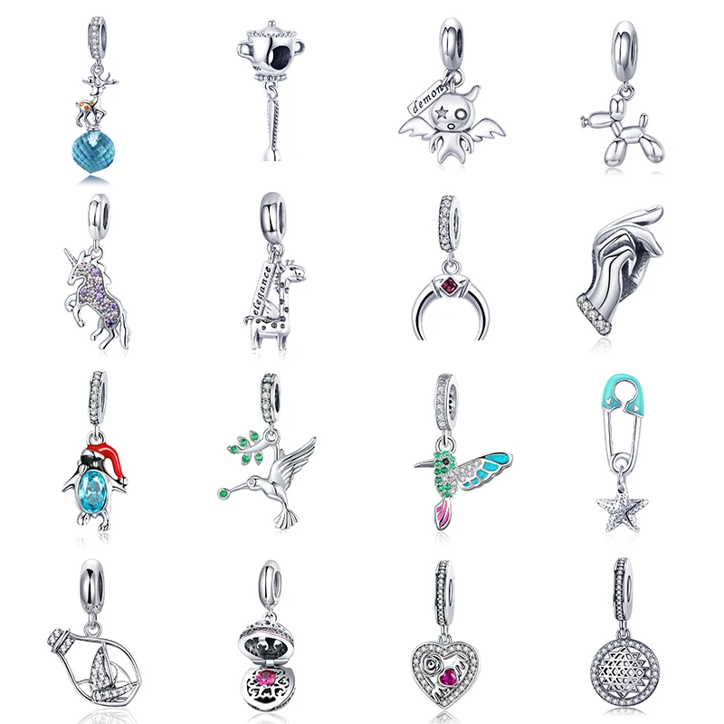 

inbeaut Silver Cute Bird Unicorn Dog Butterlfy Deer Charms 925 Blue Crystal fit diy Charm Bracelet Star Penguin Gesture Beads