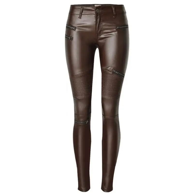 High quality Pu Skinny Coffee Color Jeans Female Trousers Pencil Pants