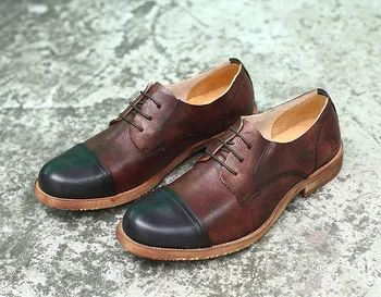 

New Style Men Mixed Color Genuine Leather Lace Up Retro Handmade Casual Leather Dress Shoes Men Youth Basic Shoes Free Shipping