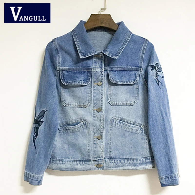 

2019 Spring & Summer Fashion Casual Women Denim Jackets Long Sleeve Bird Embroidery Slim Ladies Jean Coats Single Breasted Coats