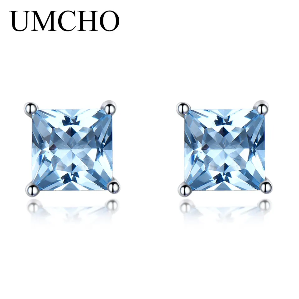 UMCHO orecchini a bottone in vero argento Sterling 925 per le donne orecchini con topazio blu cielo taglio principessa gioielleria raffinata regalo con pietre preziose blu nuovo