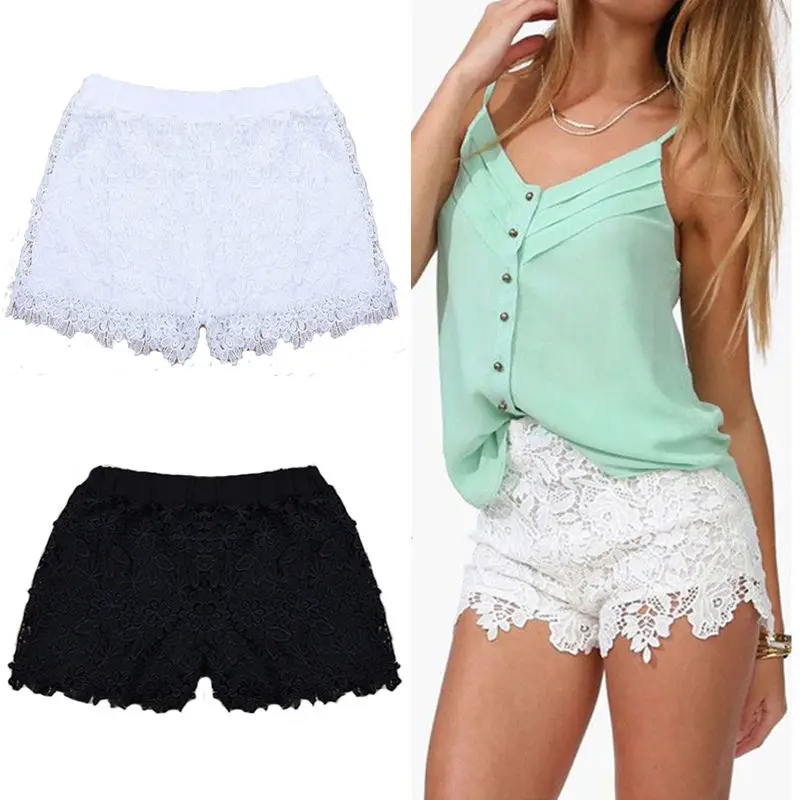 

Fashion Women Elastic Shorts High Waist Lace Short Pants Black Trousers New Summer Cotton Skinny White Black Shorts
