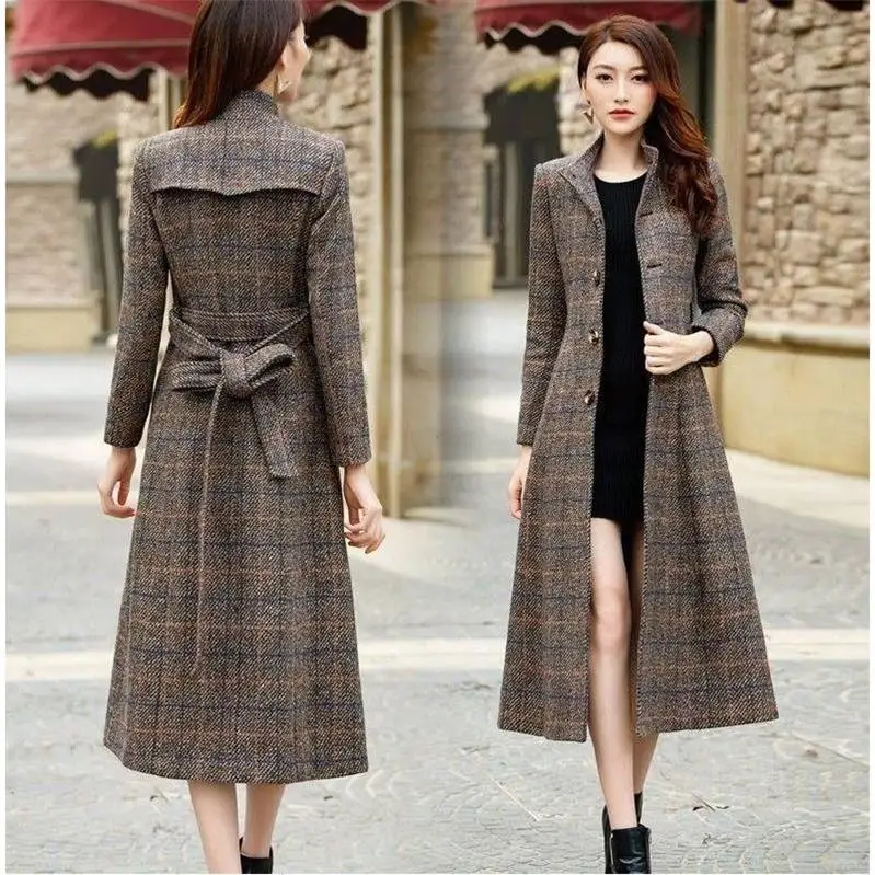 

High quality Harajuku style receive waist 2019 womens coat temperament autumn and winter long section slim lattice woolen coat