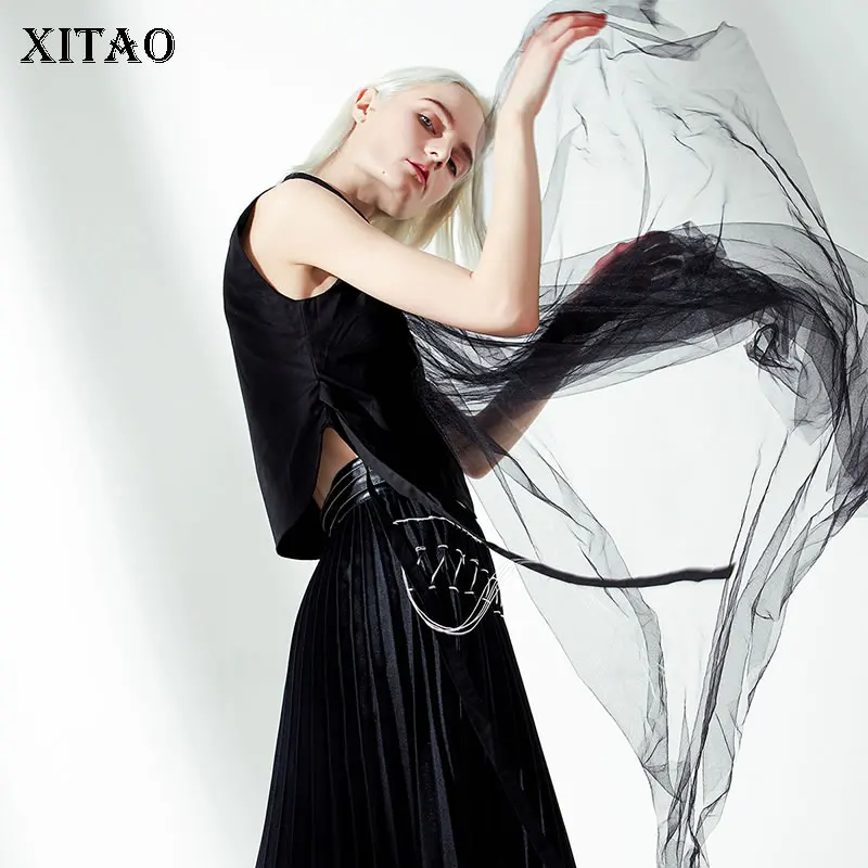 

XITAO Mesh Bandage Crop Top Women Korea Fashion Patchwork Irregular Turn Down Collar Cardigans Sleeveless Summer 2019 ZQ2221
