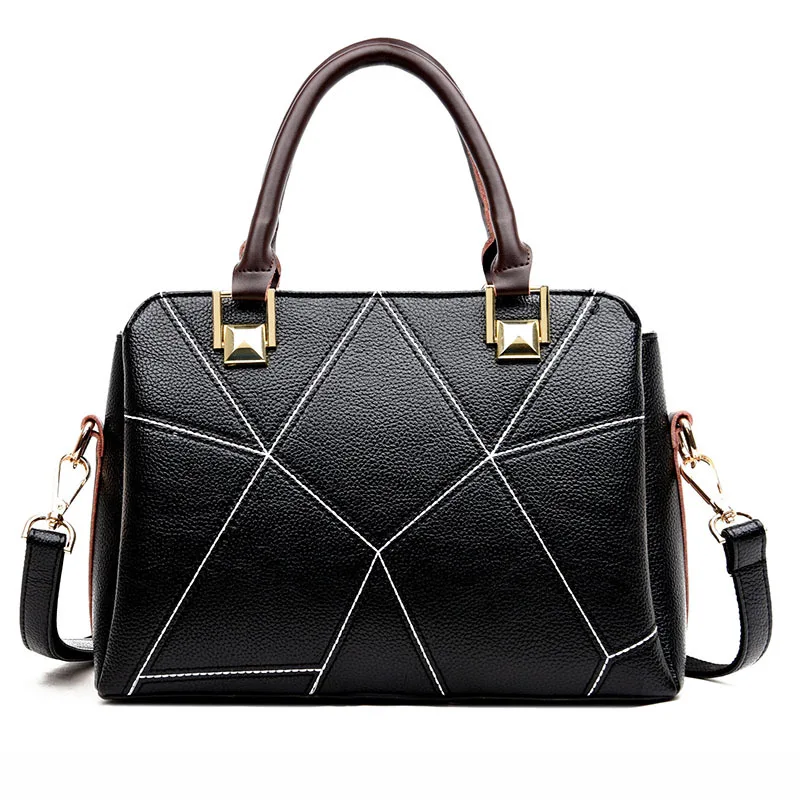 Top handle handbags small faux leather thread women handbag solid black female purse gray ladies ...