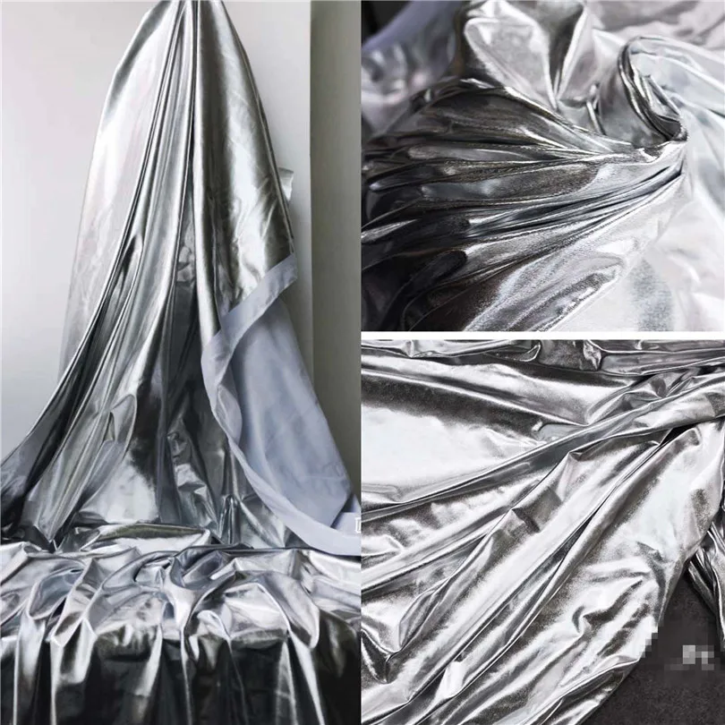 50 см* 153 см/шт. Супер тонкая эластичная зеркальная кожа мягкая зеркальная Яркая Серебряная ткань с покрытием трикотажная яркая металлическая дизайнерская ткань