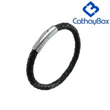 Мужской черный ручной плетеный браслет из натуральной кожи браслет с коробка из нержавеющей стали с язычком застежка