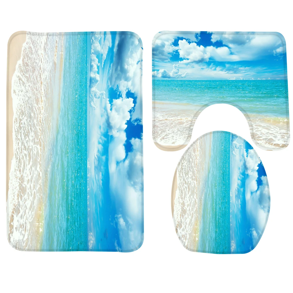 3pcs Bathroom Mat Set Beach Blue Sea White Cloud Pattern Bath Mat Anti