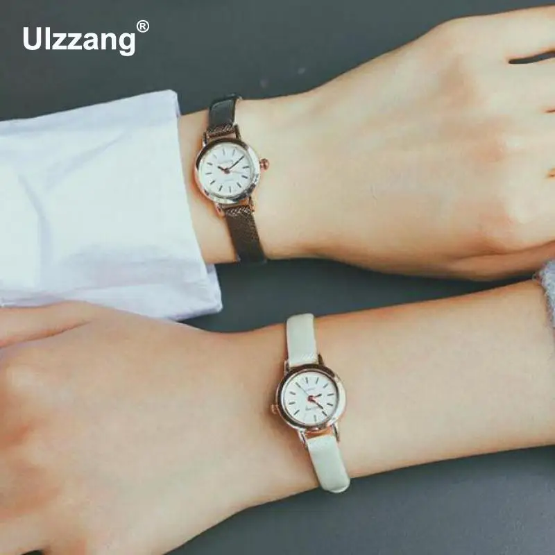 Ulzzang маленький циферблат Винтаж кожа для женщин часы повседневное Шарм Дамы наручные часы Простой стиль кварцевые платье