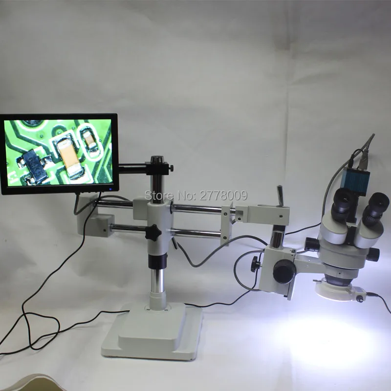 3.5X-90X Double Arm Boom Stand Trinocular Stereo Zoom Microscope+14MP HDMI USB Microscope Camera+144 LED Lights+10-inch Monitor