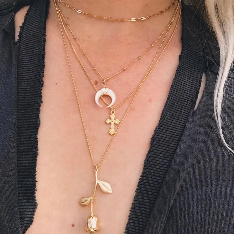 

2018 New Fashion Retro Charm Cross Moon Flower Pendant Multilayer Necklace Wedding Party Beautiful Gift Accessories For Ladies