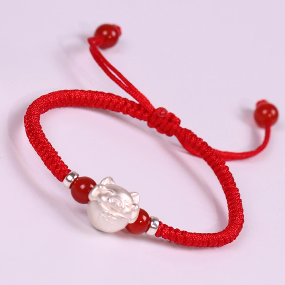 

Fashion S999 Silver Pig Lucky Bracelet Red Rope Bracelet For Women Handmade Knitted Adjustable Bracelet