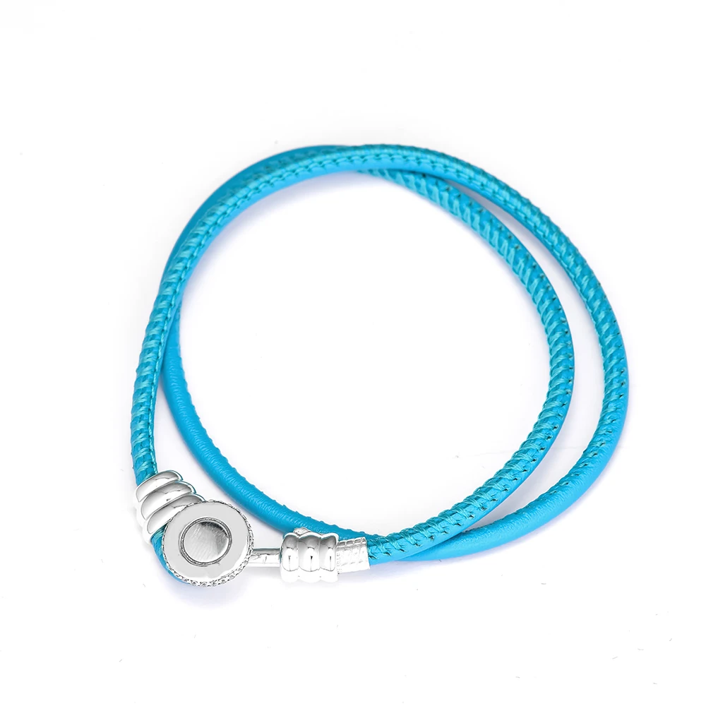 

100% 925 Sterling Silver Turquoise Double Leather Bracelet With Clear CZ for Women Fit Charm Beads DIY SLE402