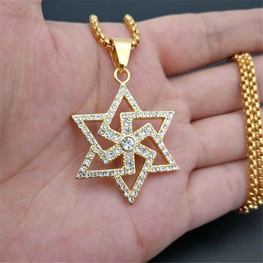 Iced Out Star of David Swastika кулон ожерелье золотой цвет нержавеющая сталь цепи для мужчин еврейский буддизм Религиозные ювелирные изделия