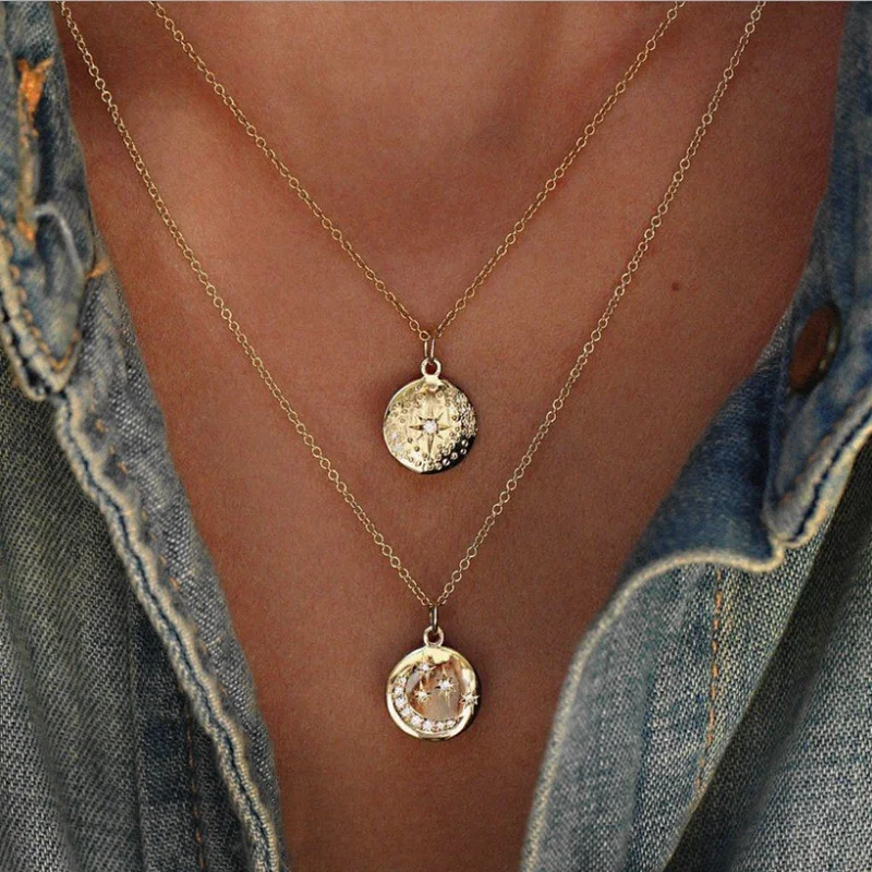 

AILEND Retro Moon Star Crystal Pendant Necklace Lady Double Necklace Jewelry Bohemian Jewelry Fashion Multilayer Necklace Set