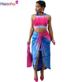 

HAOOHU Sleeveless Multicolor Tie Dye Galaxy Printed Tank Top Tie Up Split Ankle Length Skirt with Elastic Waist for Party Club