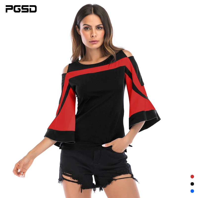 

PGSD Summer casual Retro Slimming Tee female O-Neck open shoulder pagoda sleeve Colour stitching Zipper T-shirt Women Pullover