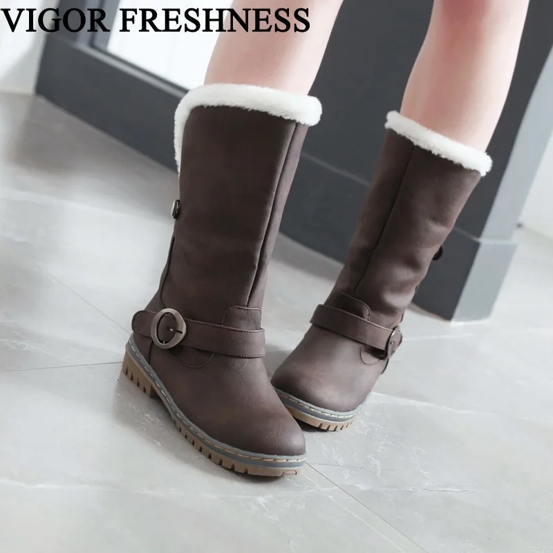 VIGOR FRESHNESS Winter Snow Boots Women Shoes Plush Warm Woman Boots Mid Calf Waterproof Boots Outdoor Low Heels Shoes MY69