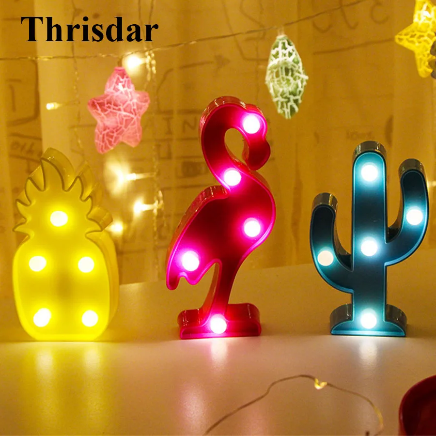 Thrisdar Mini Unicorn Flamingo Cactus Pineapple 3D LED Night Light Cartoon Animal Desk Table Lamp Kids Baby Gift Toy's Light