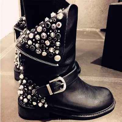 

Autumn Winter Top Selling Black Round Toe Short Boots Women Crystal Rivets Studded Low Square Heel Riding Boots Back Zipper