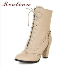 Meotina/женские ботинки до середины икры ботинки черного цвета женские зимние ботинки на шнуровке с острым носком на толстом высоком каблуке бежевый цвет, большие размеры 9, 10, 43