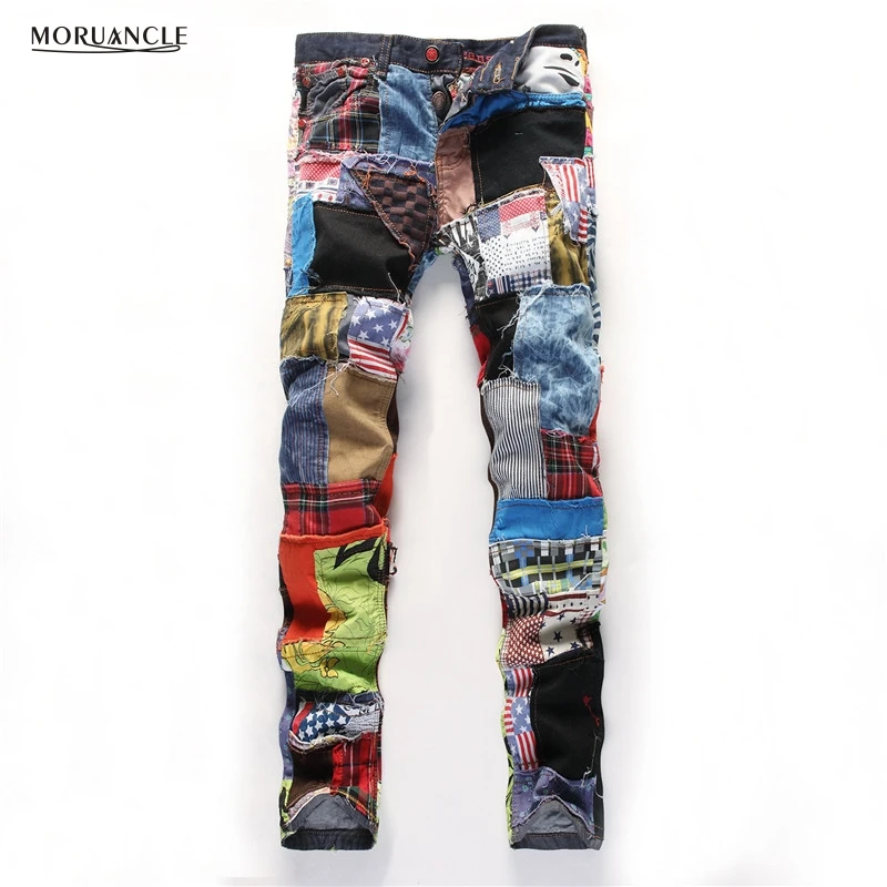 

2017 New Mens Fashion Patchwork Jeans Personality Jean Joggers With Patches Slim Fit Denim Trousers Bran Designer Straight E0015