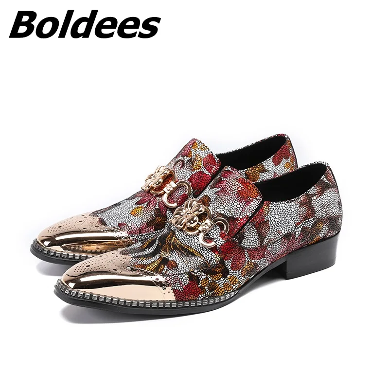 

Boldees 2018 Male Square Cap Toe Leather Shoes Printing Floral Wedding Shoes Men Dress Shoes Oxfords Slip On Loafers Boat Shoes