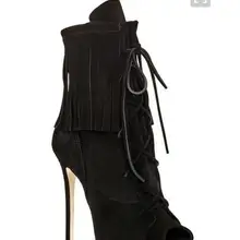 Горячий Продавать Черный Бахромой Замша Peep toe Сапоги Высокий Каблук выреза босоножки Кисточкой Женщины Ботильоны Размер свободный Корабль 34-42
