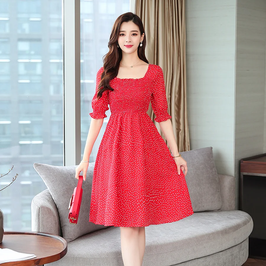 Женское винтажное элегантное платье средней длины в красный горошек, летнее платье нового размера плюс, однотонный сексуальный пляжный сарафан, женские облегающие вечерние платья