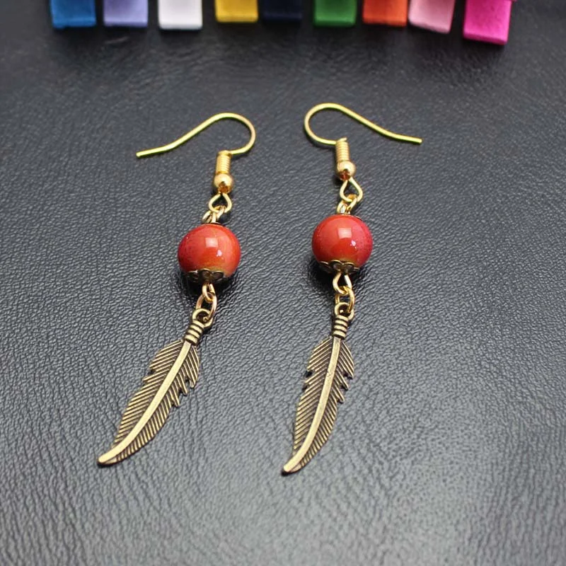 

Newest Fresh Series Earrings Vintage Ceramics Beads Alloy Leaf Pendant Eardrop For Women Girls Kid Christmas Gift 6 Colors