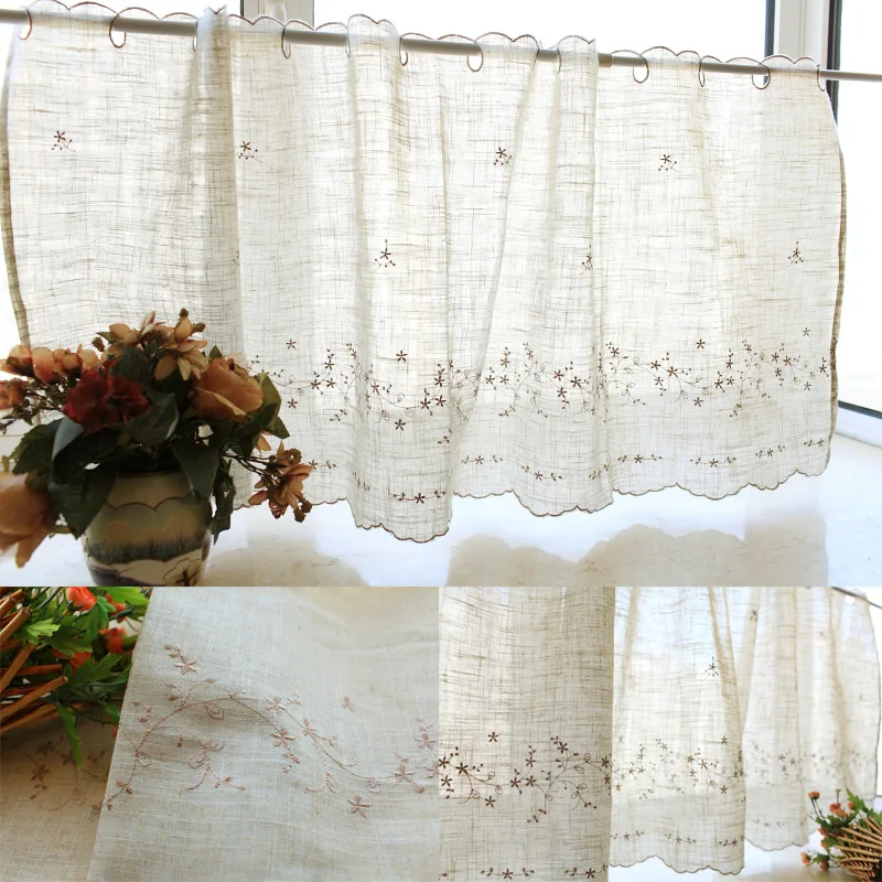 

European style small flower embroideryed kitchen curtain short curtain linen curtain for kitchen window 3 sizes