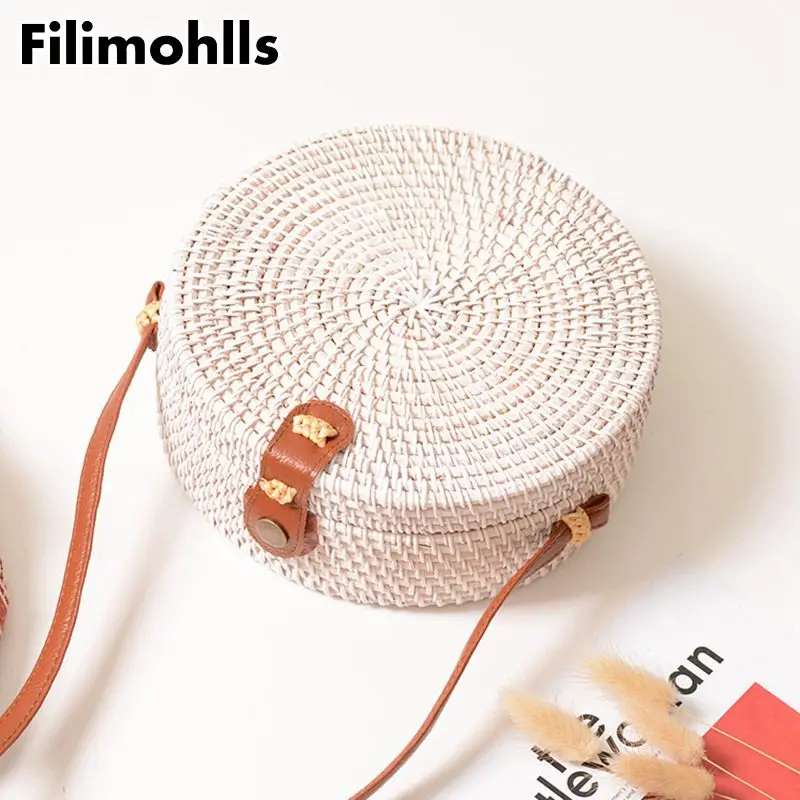 Bohemian Summer Vintage Rattan Bag Handmade Crossbody Bag Straw Bags For Women Small Circle Bag Beach Handbags