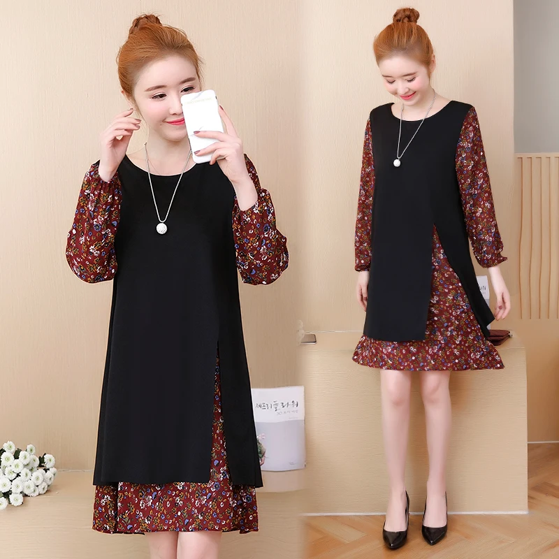 5XL лоскутное платье с принтом для женщин 2019 весна новые женские платья длинным