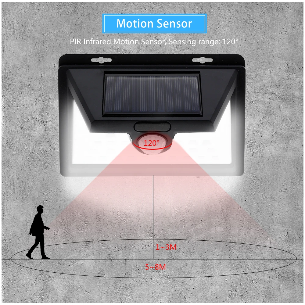 Outdoor Solar Powered LED Porch Light PIR Motion Sensor Solar Wall Lamp Waterproof Energy Saving Wall Lights for Garden Street