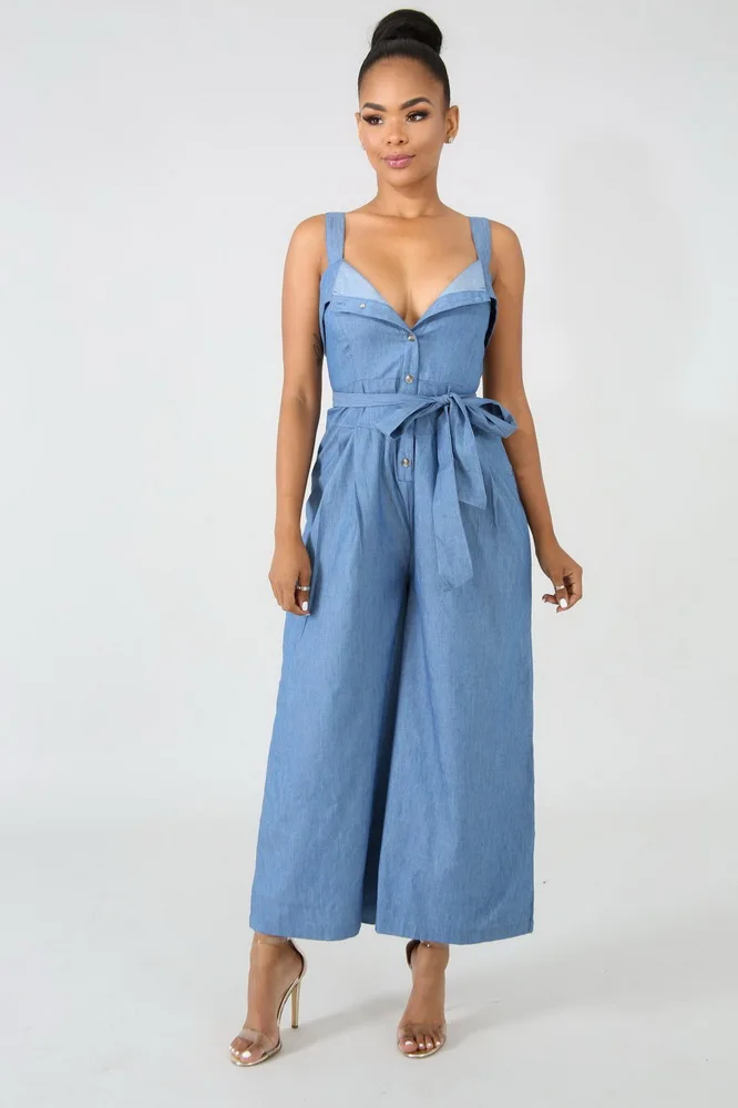 

JIZHENGHOUSE Women Sashes Jumpsuit Denim Romper Overalls Casual Spaghetti Strap Denim Playsuit Female Wide Leg Rompers