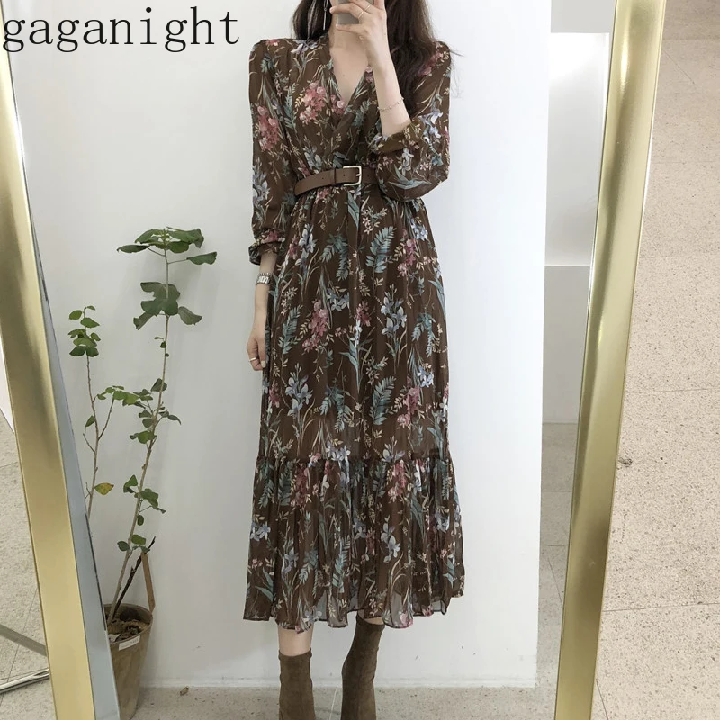 

Gaganight 2019 Fashion Vintage Long Sleeves Floral Maxi Dress Women Summer Autumn Ruffles Sashes A Line V Neck Ladies Dresses