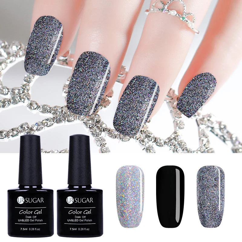 

UR SUGAR 2Pcs/Lot Holographic Silver Sequins Nail Gel Set Shiny Glitter Soak Off UV Gel Nail Varnish Semi Permanent Lacquer Kits