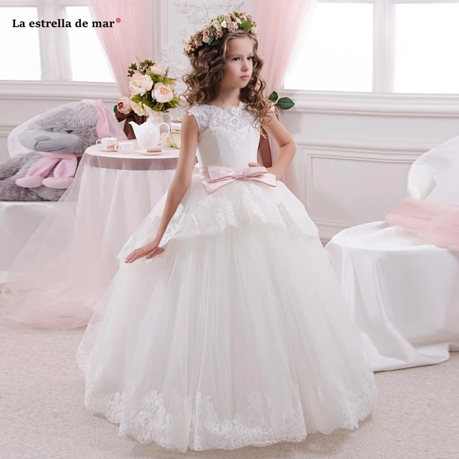 La estrella de mar vestidos primera comunion para ninas новые кружевные платья с круглым вырезом трапециевидной формы цвета слоновой кости для девочек, держащих букет невесты на свадьбе, большие размеры